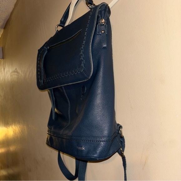 The Sak Blue Pebbled Leather and Canvas Whipstitch Flap Backpack - Picture 4 of 16